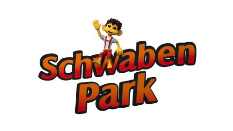 Logo Schwaben Park. Roter Schriftzug "Schwaben Park", auf dem Buchstaben w sitzt ein Comic-Affe und winkt 